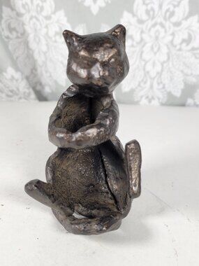 Vintage Cast Iron / Metal Black Cat Hugger Figurine - Heavy Patina
